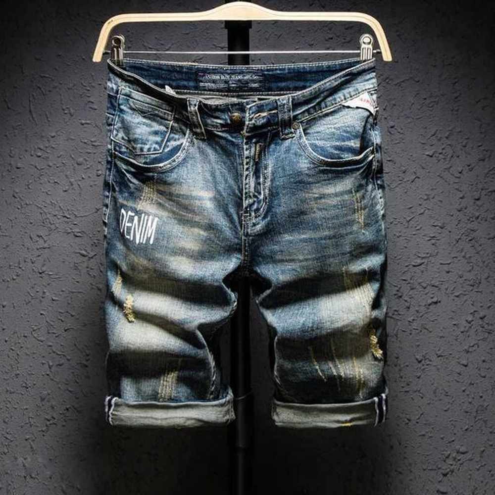 Men's Shorts Classic Retro Distressed Mens Letter Printed Jeans Short Legs Knee Length Straight Slimming Fatigue Trend Punk Mens Denim