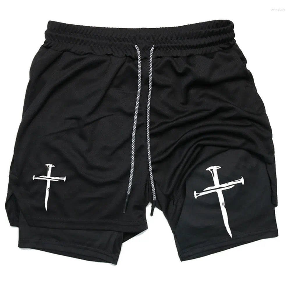 Mens Shorts Cross Print 2 In 1 Compreesion For Men Gym Workout Running Athletic Performance With Pockets Activewear