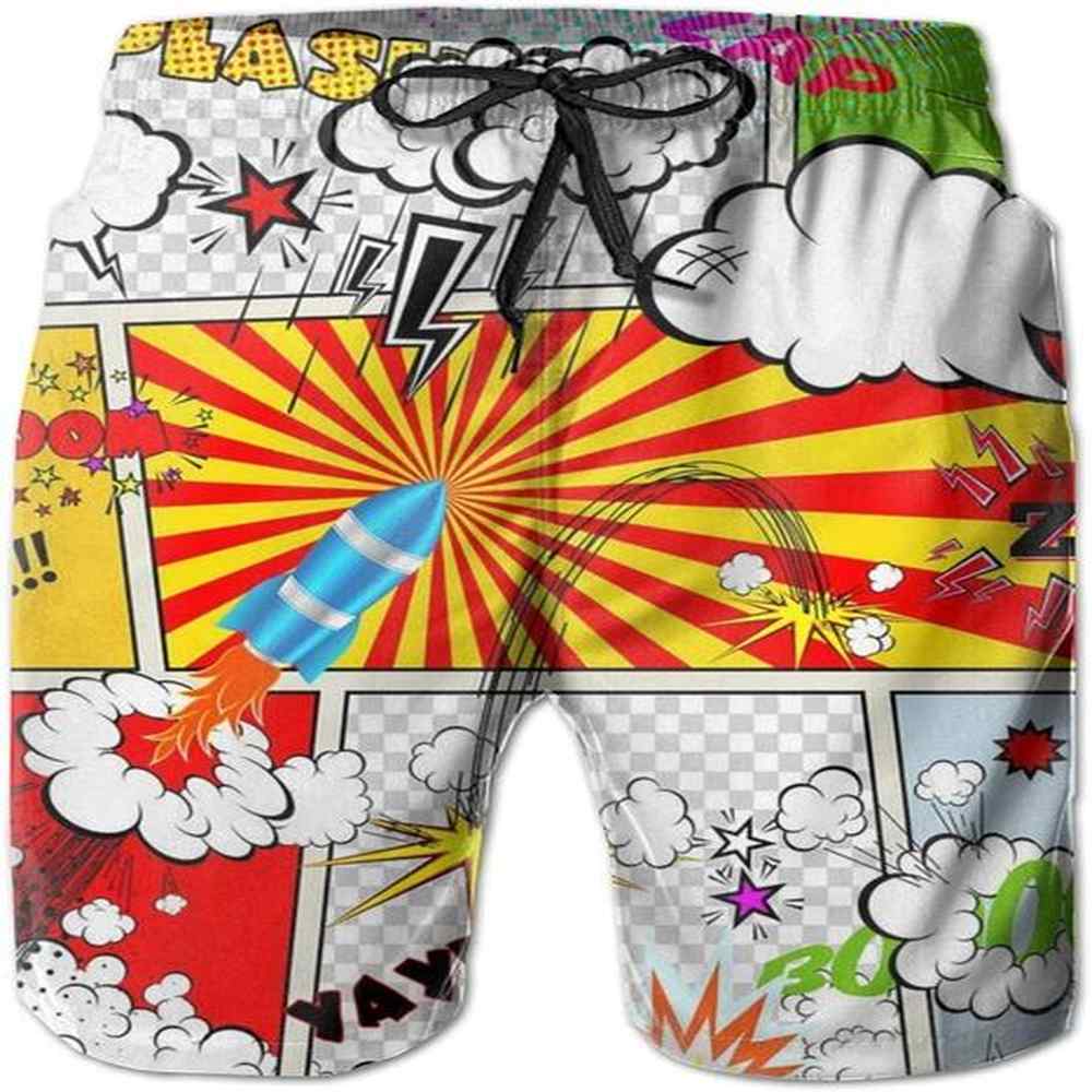 Mens Shorts 3D Printing Pattern Retro Comic Book Men Swim Trunks Quick Dry Beach Hawaiian Pants For