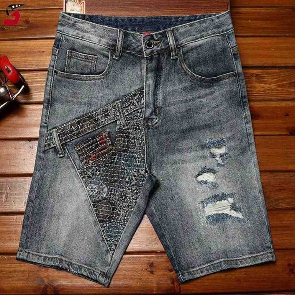 Men's Shorts Hole Patch Denim Shorts Mens Summer Fashion2024New Trendy Slim Fit Stretch Personality Motorcycle Shorts z250210