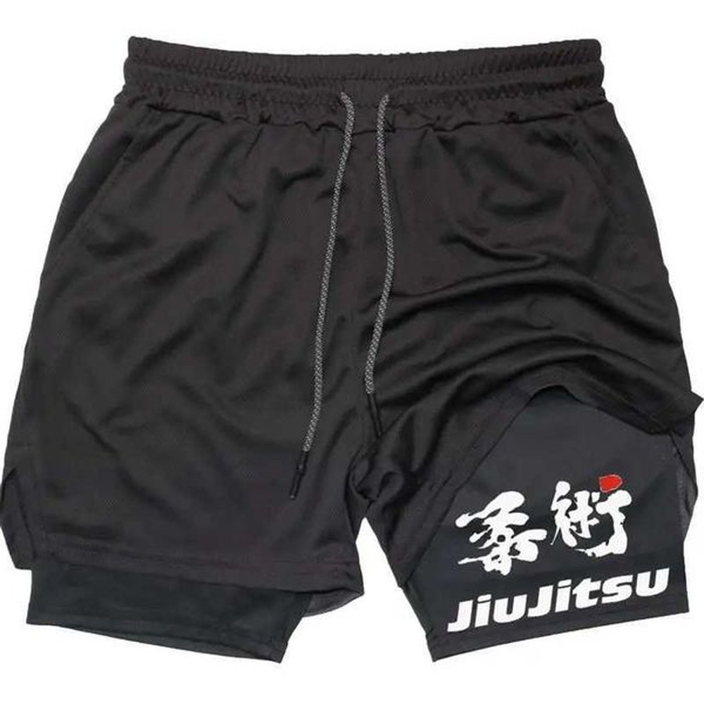 Men's Shorts JU JITSU Gym shorts Men Fitness 2 in 1 Performance Shorts BJJ Mesh Quick Dry Athletics Running Short Pants Compression Lin