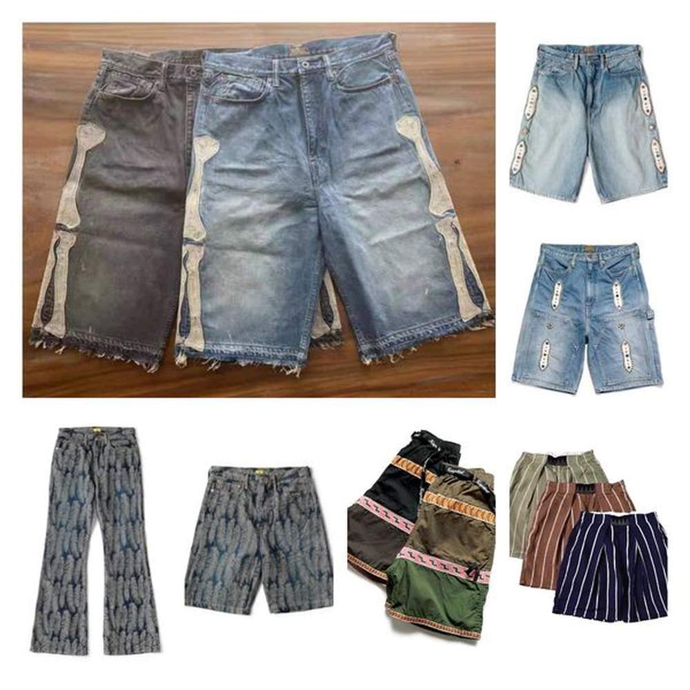 Men's Shorts KAPITAL 23SS 21SS Blue Dyed Retro Distressed Loose Rivet-Inlaid Gemstone Denim Cotton jeans Jacquard feather pants bell bo