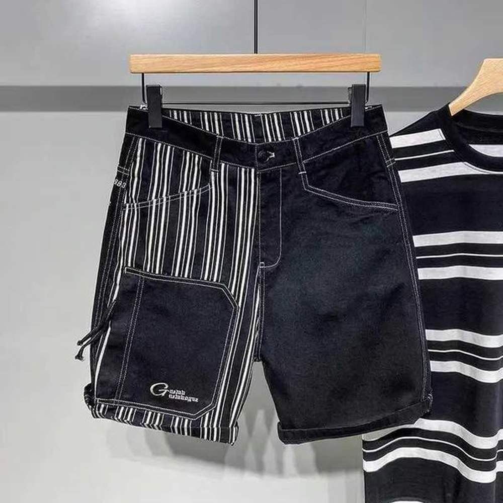 Men's Shorts Mens Clothing Striped Patchwork Color Denim Shorts Men Summer New Japanese Fashion Cargo Five Quarter Pants Loose Straight