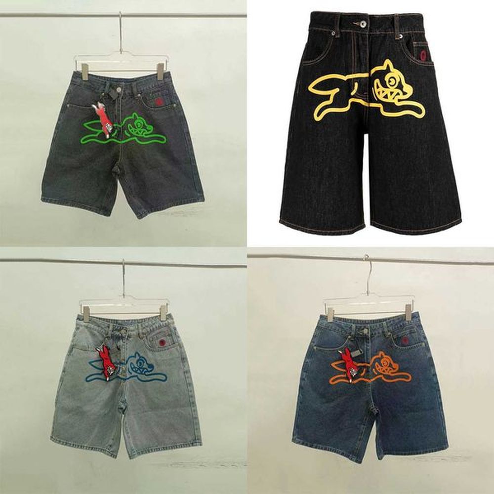 Men's Shorts Mens Hip Hop Denim Flying Dog Print Straight Jeans Summer Vibe High Strt Vintage Casual Wide Leg Jorts H241231