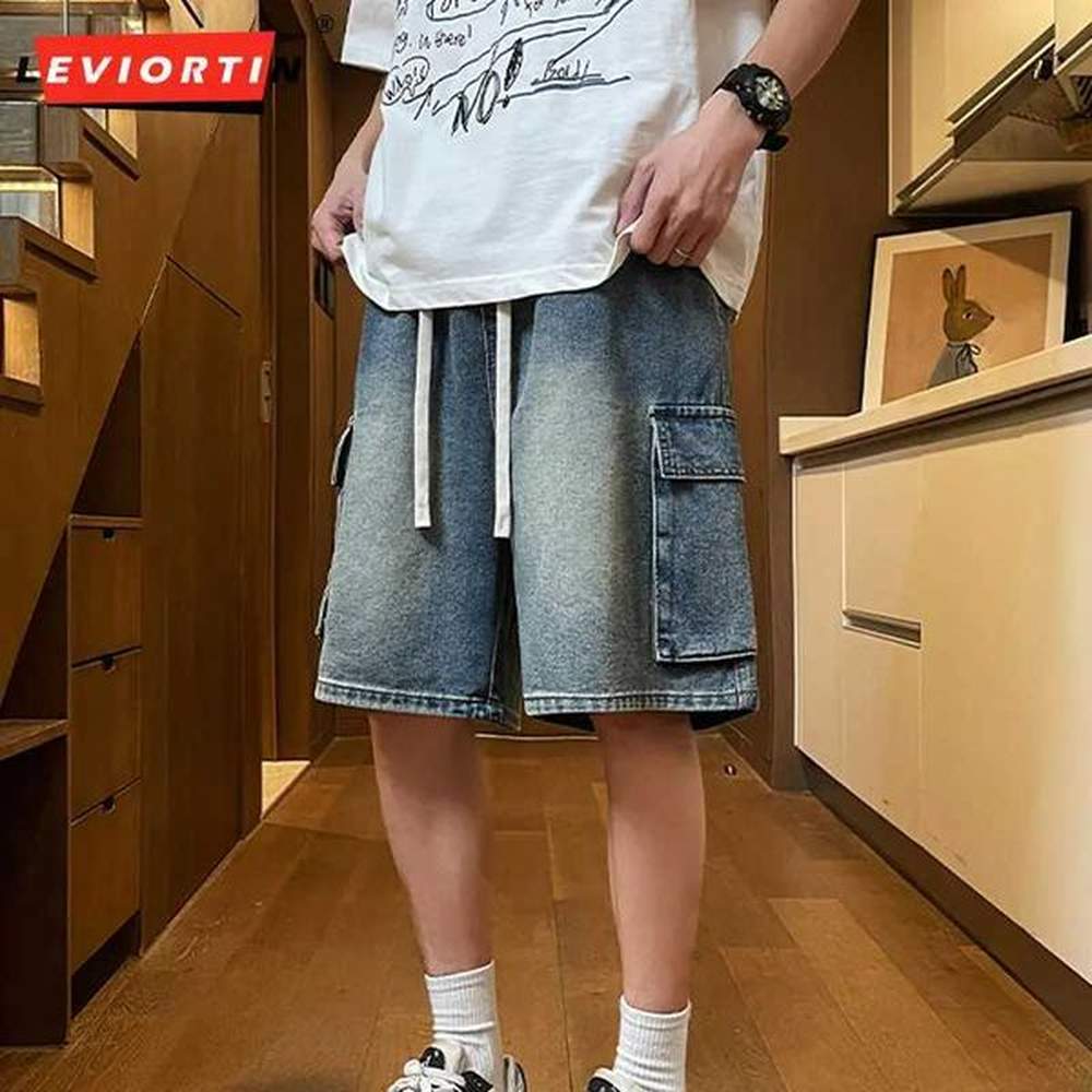 Men's Shorts Mens Summer New Style Loose Straight Work Denim Shorts Basic Versatile Multi-color Elasticated Washed Mid-length Shorts z2