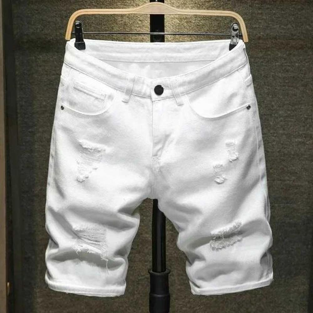 Men's Shorts 2024 new mens simple jeans white black streetwear fashionable tear knee length non elastic ultra-thin casual mens shorts J