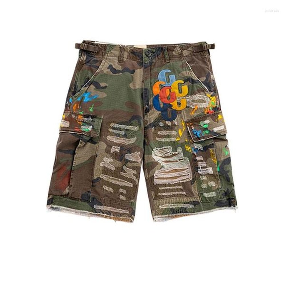 Men's Shorts 2024 Style Old Camouflage Stitching Embroidery Leisure Loose Five-division High Street