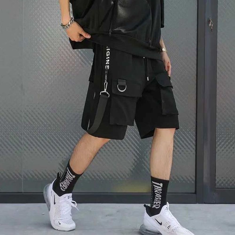 Men's Shorts Summer Men Shorts Techwear Japanese Harajuku Fashion Hip Hop Punk Streetwear Cargo Shorts for Male Joggers Ribbons Baggy C
