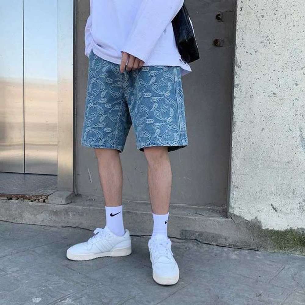 Men's Shorts TFETTERS 2024 Pocket Summer Denim Shorts Mens Cashew Flower Straight Rise Mens Skateboarding Fashion Mens Clothing Trend J