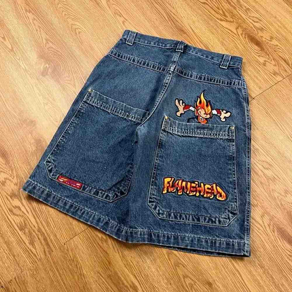 Men's Shorts Vintage Flamehead Hip Hop Pattern Print Jeans Shorts Harajuku Big Pocket Baggy Denim Gym Shorts Y2k Men Women Summer Jorts