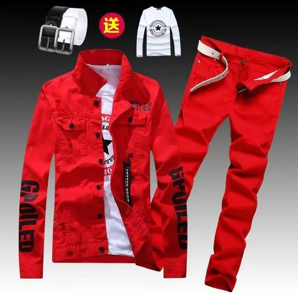 Mens Slim Fit Denim Jacket Pants 2pcs Set Long Sleeve Coats Letters Printed Casual Large Size Black White Red Boys Trousers 241217
