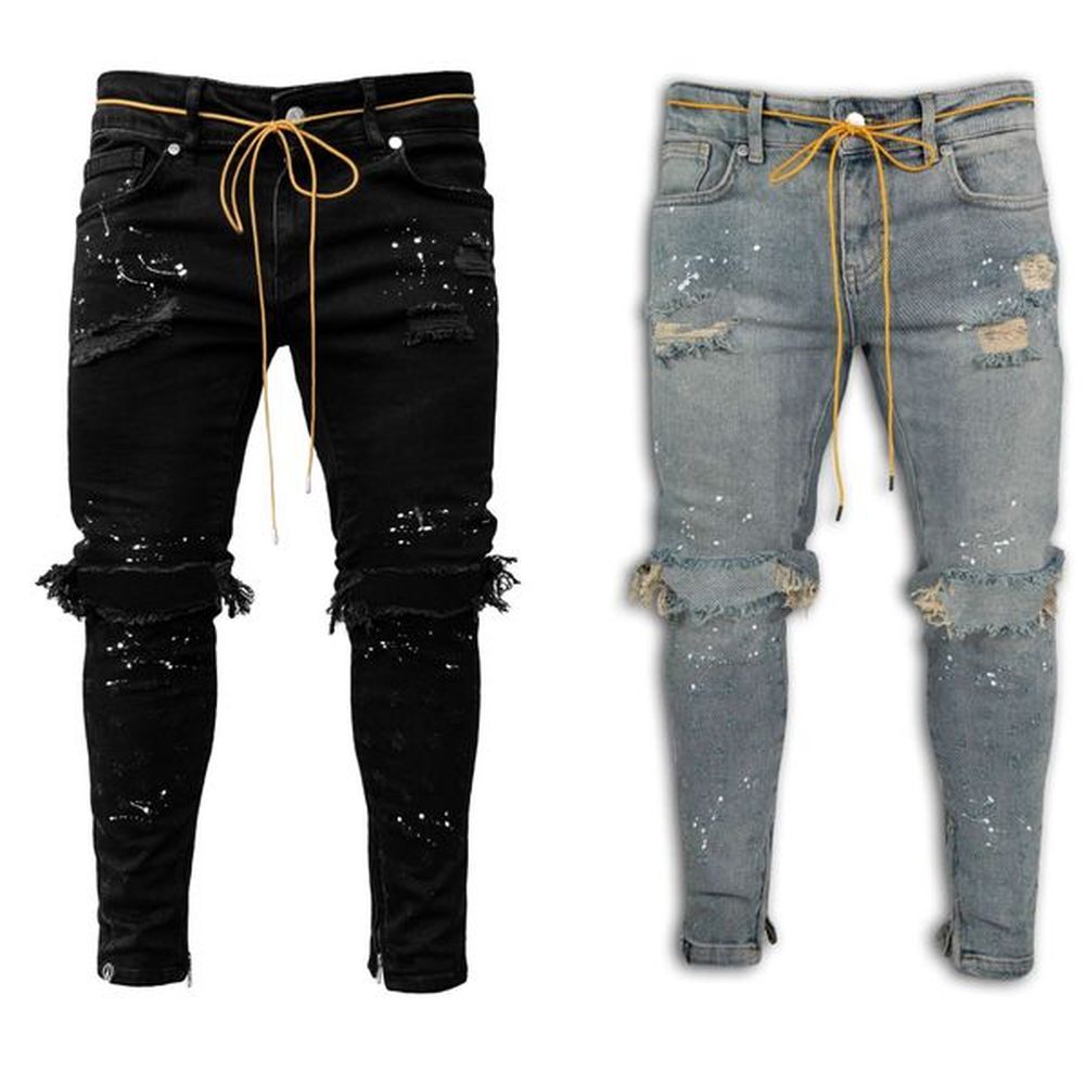 Men's slim fit distressed leggings, new men's painted jeans