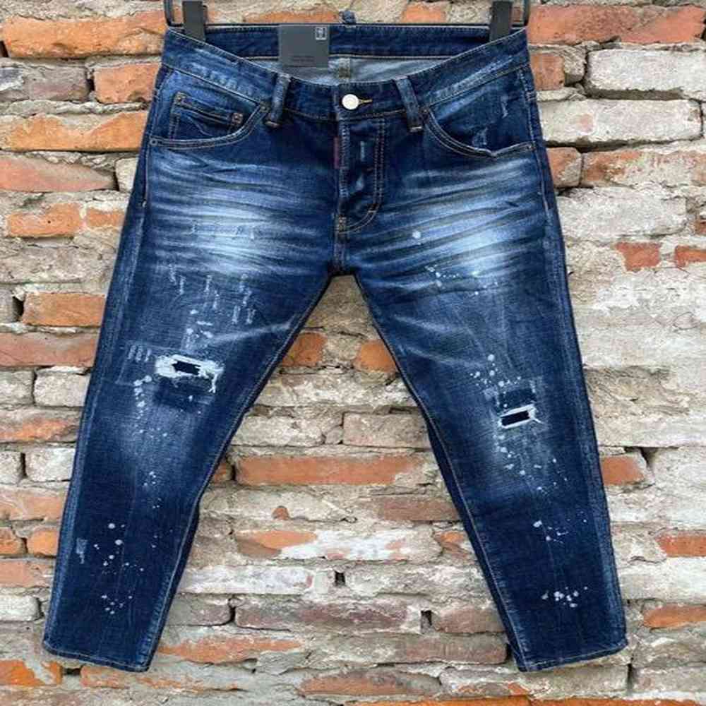 Mens Slim Fit Rose Embroidered Denim Jeans - Light Sky Blue Straight Vintage Hole Decorated Midweight Zipper Fly