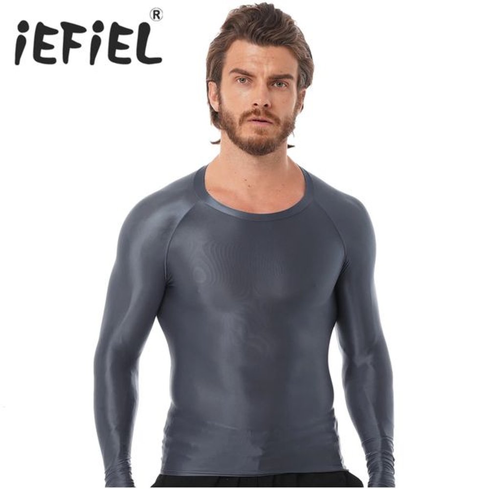 Mens smooth sports top long sleeved T-shirt solid color slim fit breathable fitness gymnastics sports top yoga beach swimsuit 241019