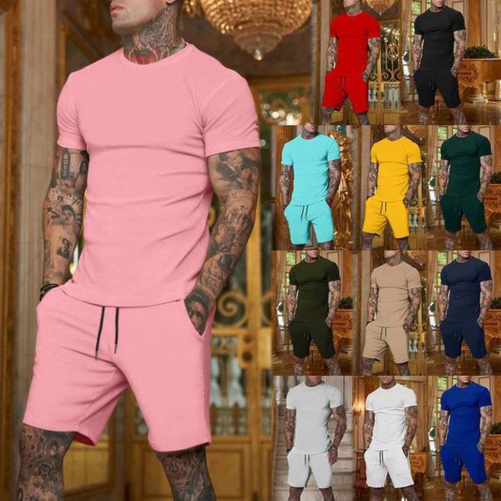 Men's solid- colour shorts short-sleeved suit t-shirt sports suit men's thin summer two-piece set can be printed logo