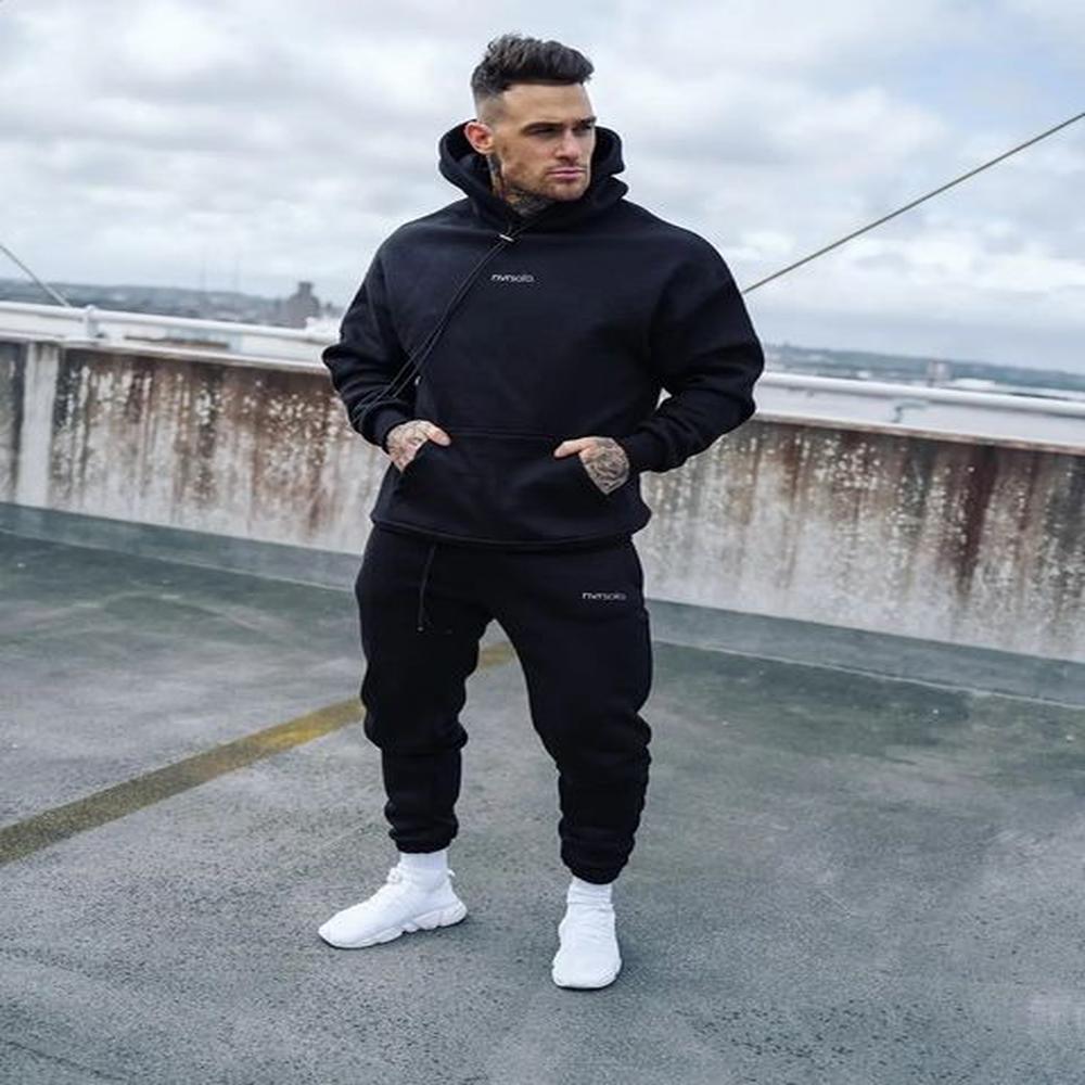 Mens Sports Suit Mens Fall Loose Letter Hoodie Suit Stretch Fitness Long Sleeve Hoodiejogging Pants Two-piece 240816