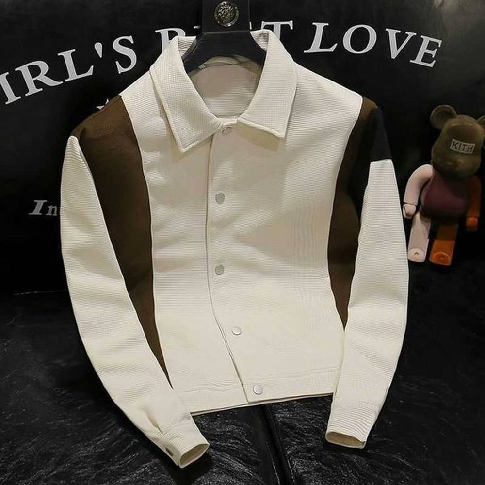 Mens Spring and Autumn New Fashionable Brand Casual Collar Jacket with High Grade Color blocked Coat Handsome Patchwork Top Trendy