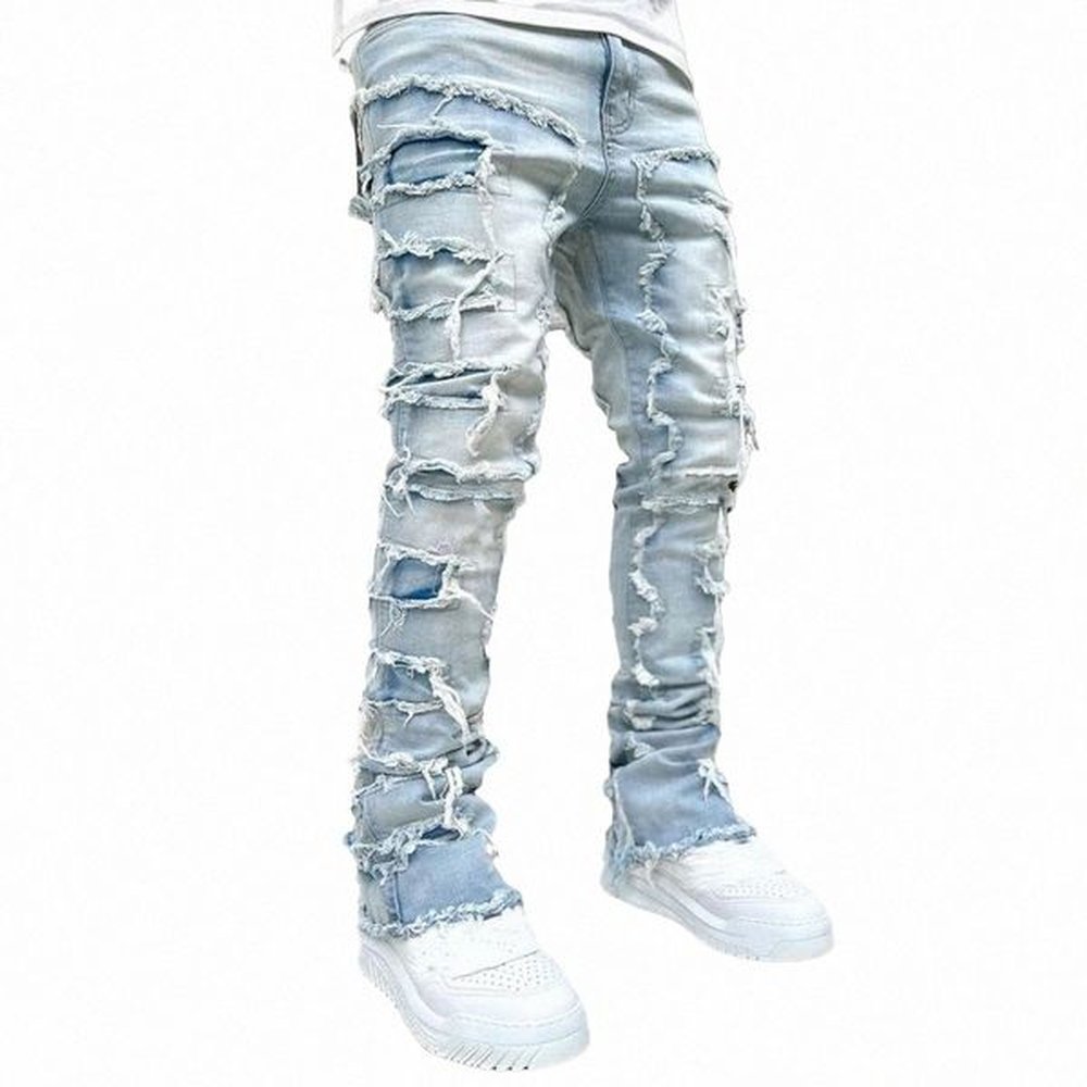 mens Stacked Jeans Fit Ripped Jeans Destroyed Straight Denims Pants Vintage Hip Hop Trouser Streetwear S1ht#