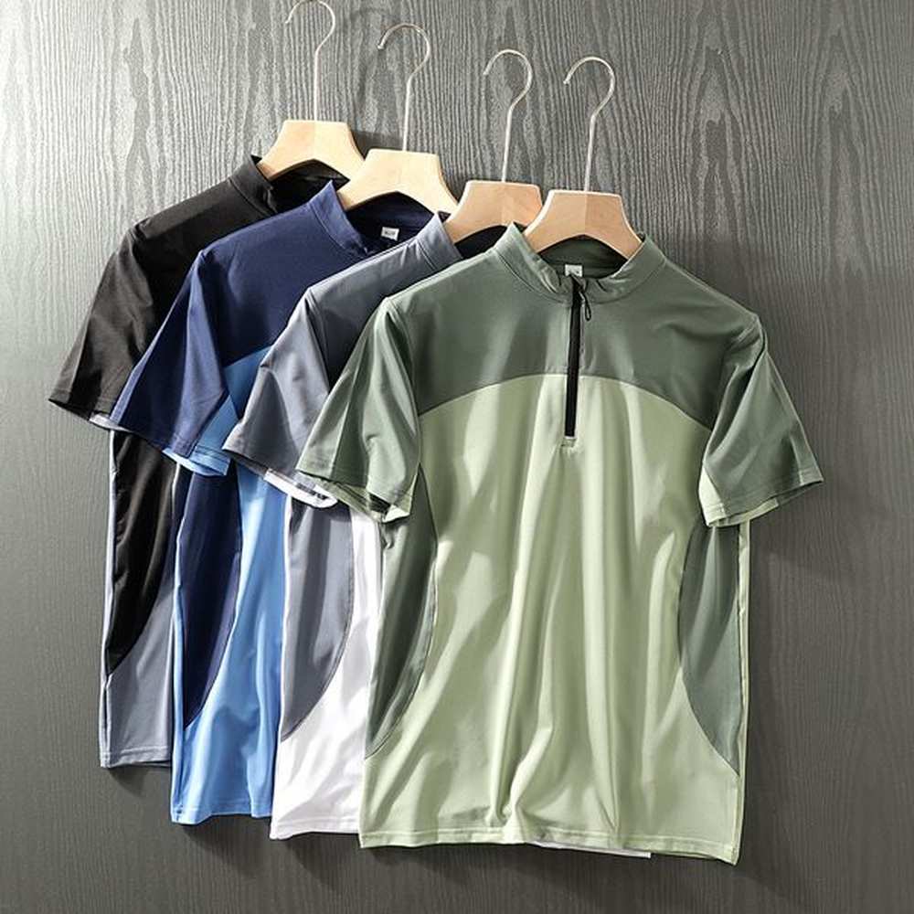 Men's Stand Collar Half-Zip Moisture-Wicking Quick-Dry Panelled Athletic Polo Short-Sleeve T-Shirt Fashion