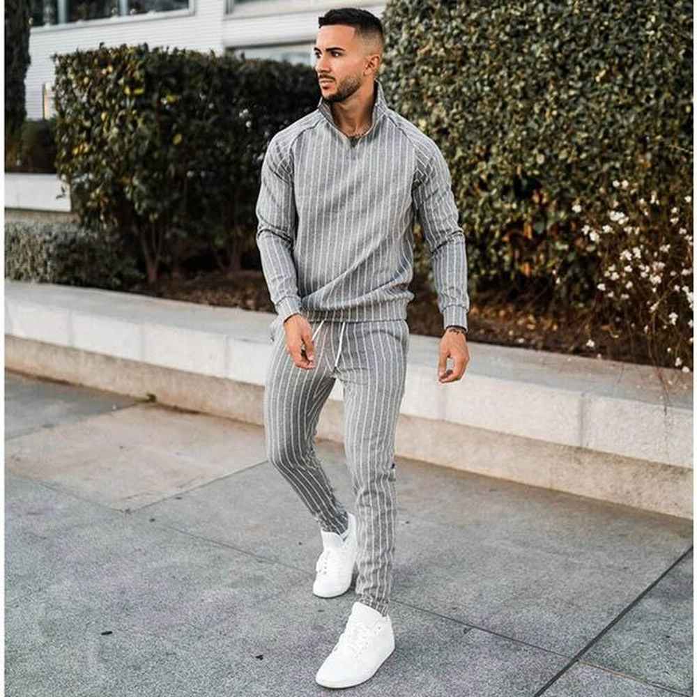 Men's Striped Tracksuit Spring Autumn Stand Collar Zipper Jacket Outdoor Fiess Jogging Sports Suit Polyester Gray B4