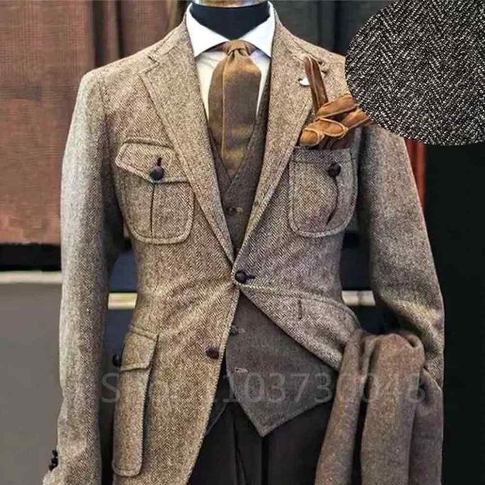 Mens Suit Brown Herringbone Blazer Tuxedos Only Coat Wool Tweed Single Breasted Formal Bussiness/Wedding Prom Jacket LX241022