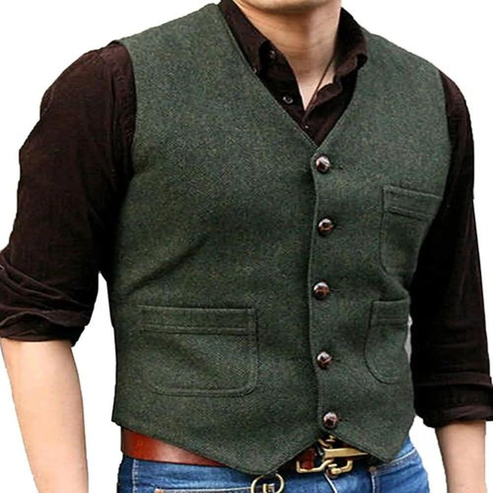 Mens Suit Formal V Neck Wool Herringbone Tweed Casual Waistcoat Business Vest Groomman For Wedding GreenBlackBrown 250114