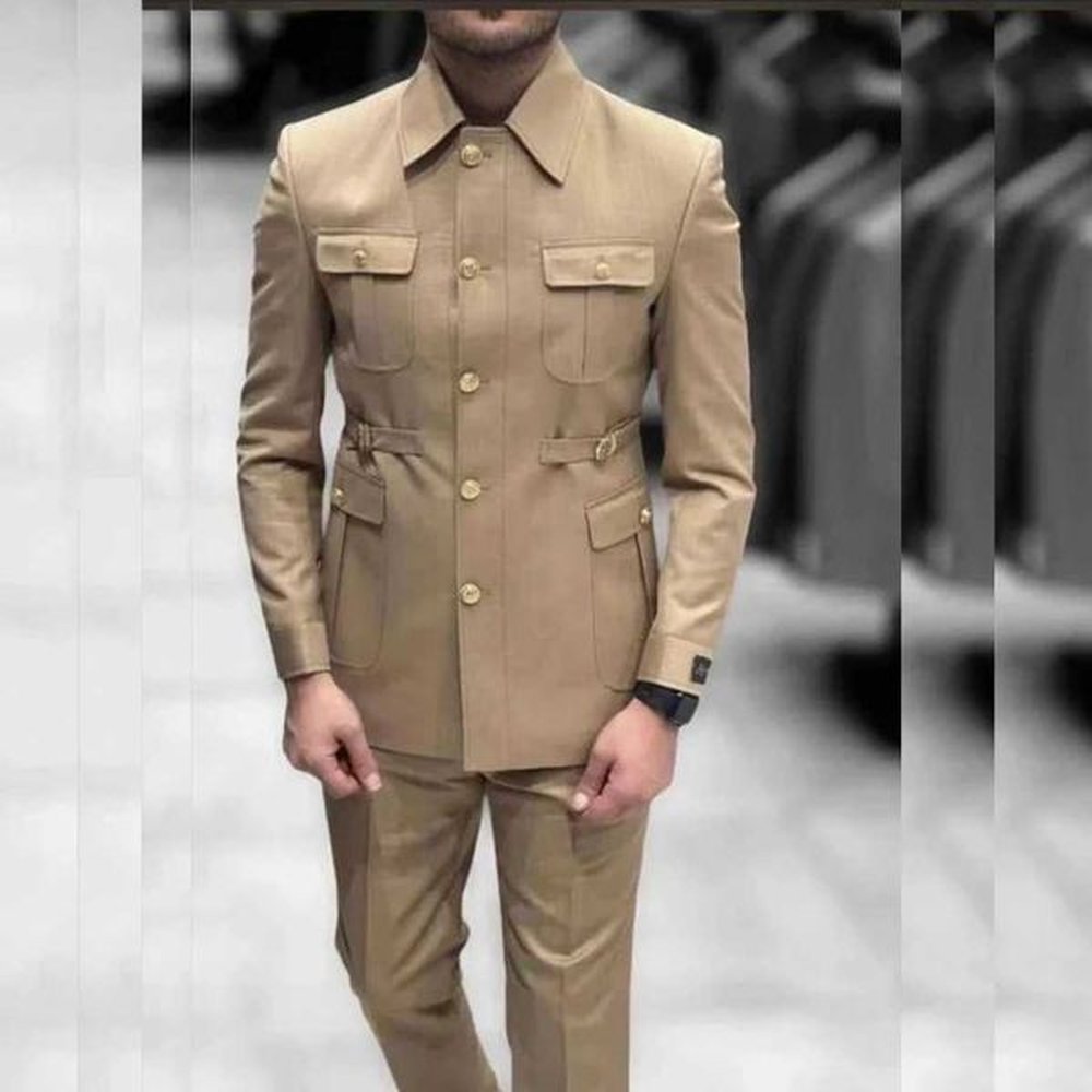 Men's Suits Blazers Customized mens solid color single chest standing lapel regular length elegant jacket Safari style 2-piece pants se