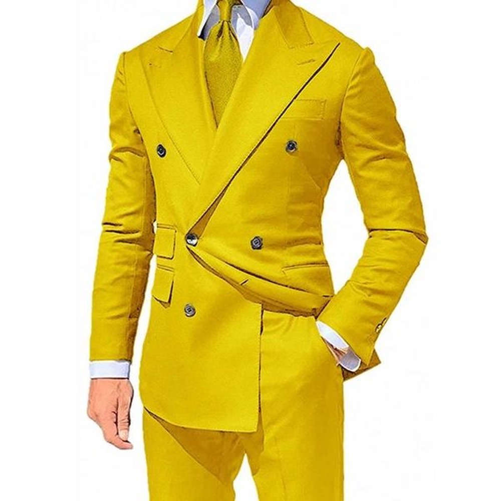 Men's Suits & Blazers Designer Double Breasted Slim Fit Peaked Lapel Custom 2 Piece Wedding Groom Tuxedos With Pan Yellow