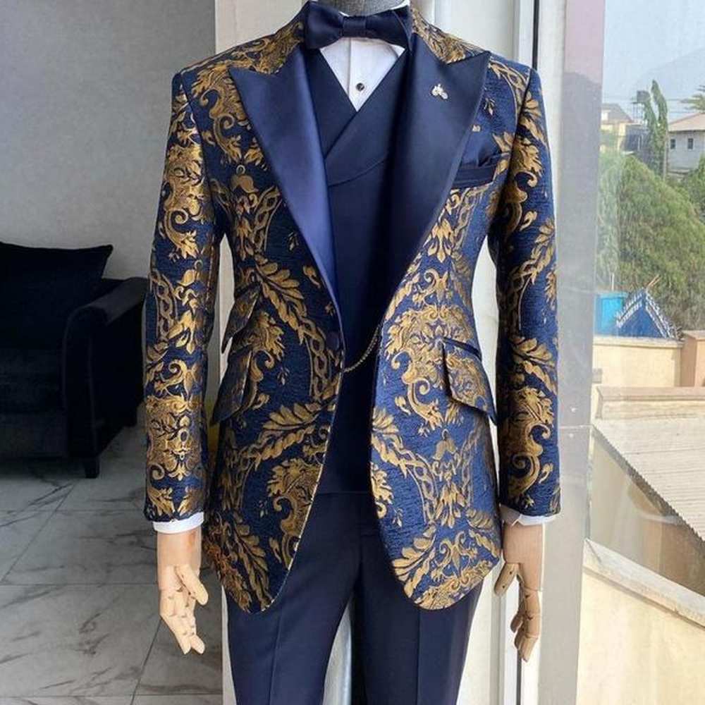 Mens Suits Blazers Jacquard Floral Tuxedo For Men Wedding Slim Fit Navy Blue And Gold Gentleman Jacket With Vest Pant 3 Piece Male Costum