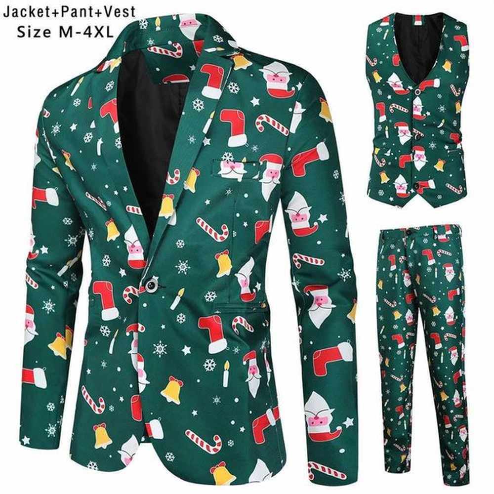 Men's Suits Blazers Suit for Men Christmas Day Party Prom Slim Fit 3 Pieces (Blazer+Vest+Trousers)Xmas Tree Print Dress Up Male christm