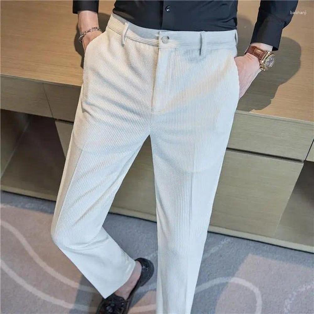 Mens Suits Corduroy Pants Men Autumn Winter Thick Plain Color Mens Dress Suit Business Formal Wear Slim Fit Casual Trousers 36