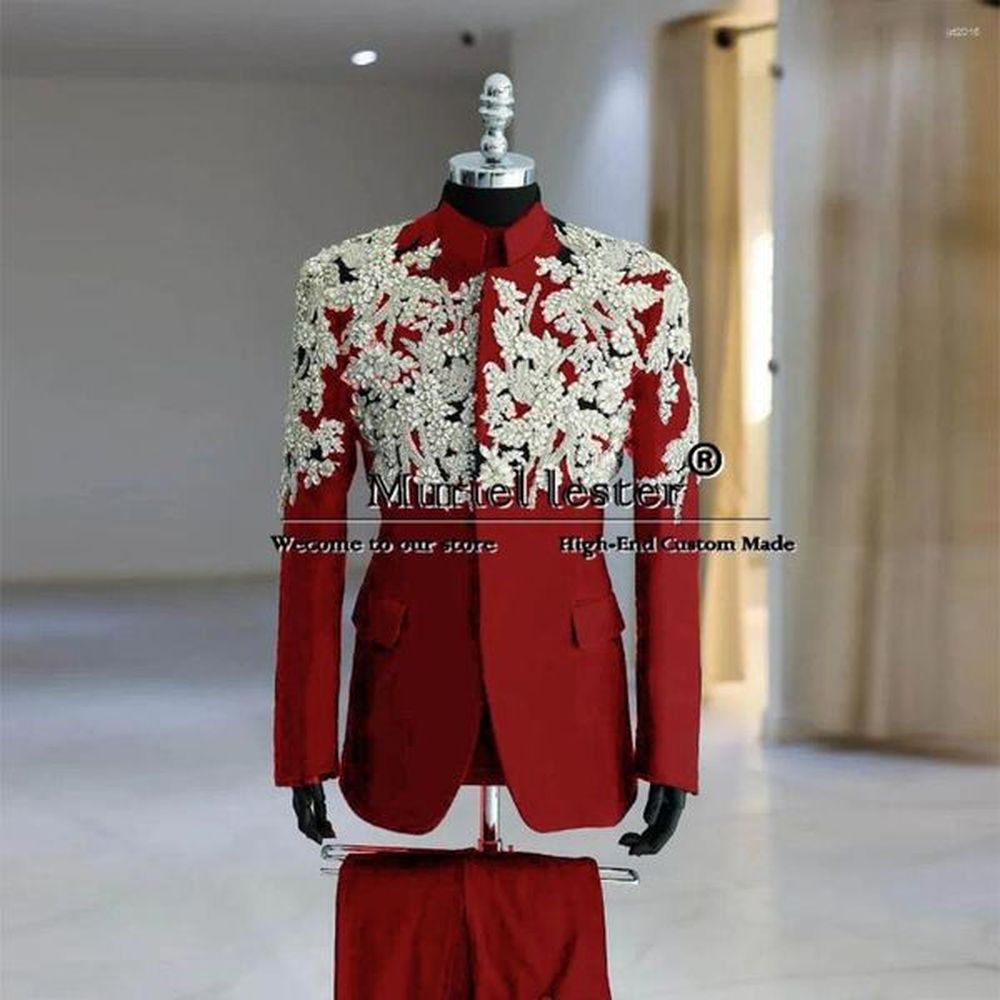 Men's Suits Man Stanad Collar Sparkly Crystals Beaded Appliques Wedding Groom Tuxedo Custom Made Male Fashion Clothing Prom Blazer