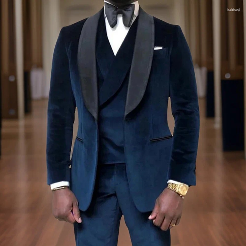 Mens Suits Prom For Men 3 Pcs Wedding Groom Tuxedo Style Velvet Male Fashion Clothes Set Jacket Vest With Pants 2024