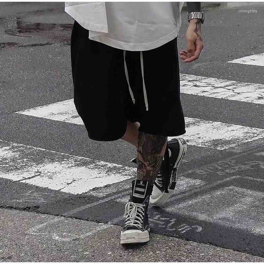 Men's Summer Black Cotton Casual Wide Leg Drawstring Knee Length Sports Shorts