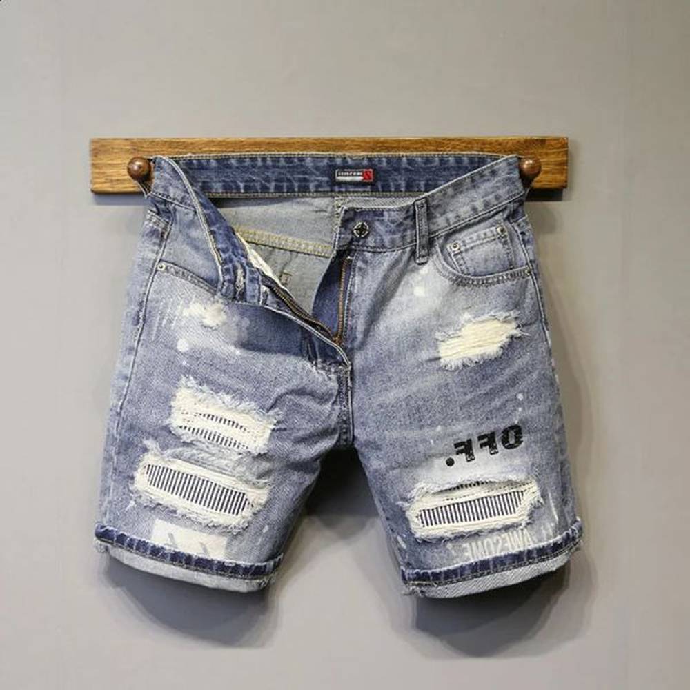 Mens summer denim shorts straight leg slightly elastic Capris patch beggar jeans pants handsome 240925