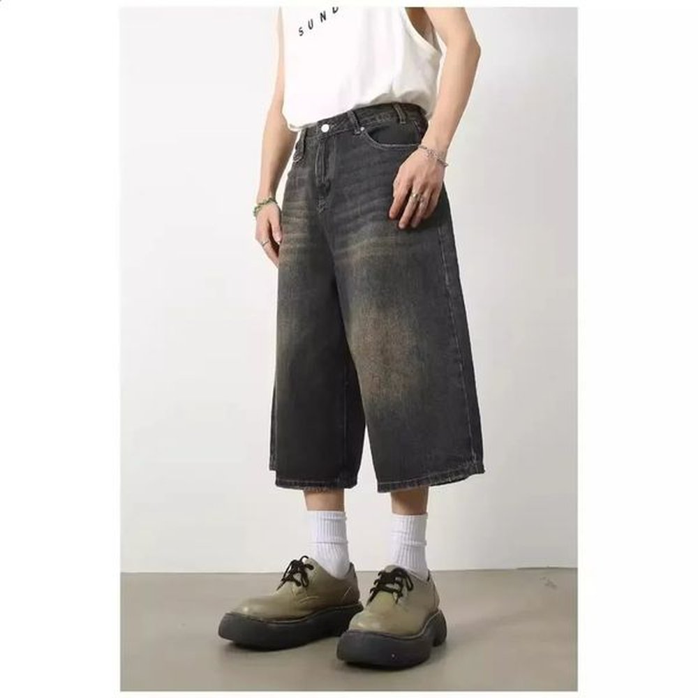 Mens Summer Solid Color Trendy Deep Blue Denim 7Piece Versatile LooseFit WideLeg StraightLeg Shorts 241227