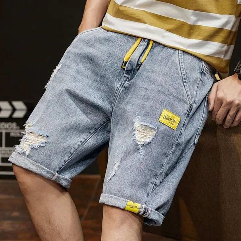 Mens Summer Thin Five Piece Pants Elastic Waist Drawstring Hole Loose Plus Size Trend Pants Casual Fashion Men Clothing 240812