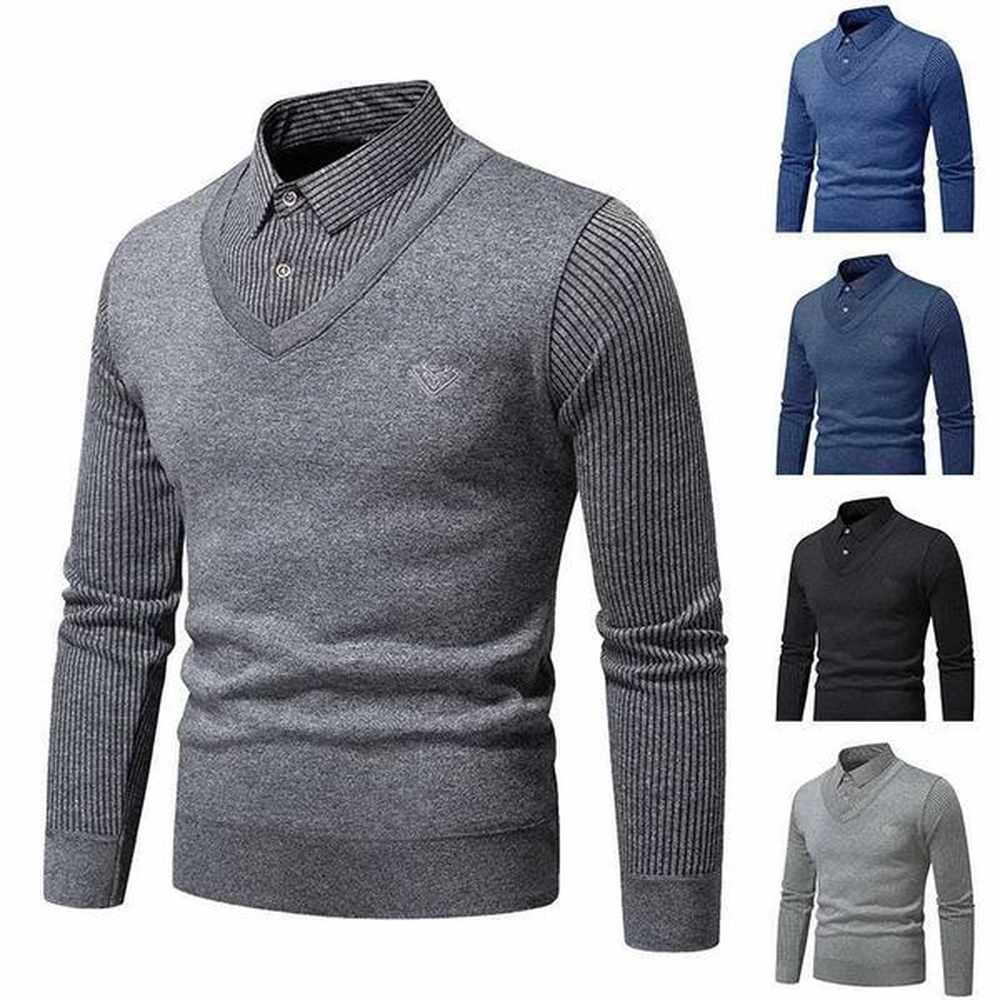 Men's Sweaters Autumn and Winter New Mens Fake Two Piece Sweater with Fleece and Slim Fit Polo Collar Knitted Bottom Shirt Thickened an