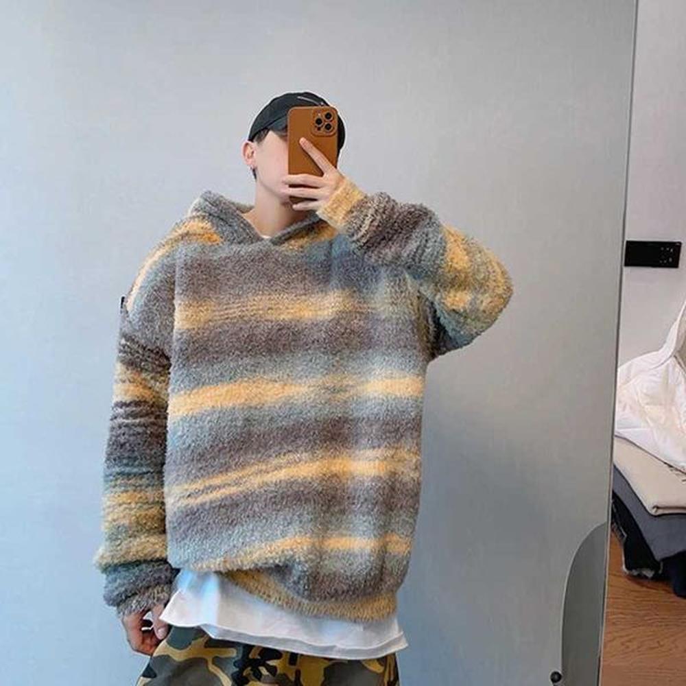 Men's Sweaters Autumn Clothing Mens Light Striped Knitted Hooded Pullovers Sweater Casual Streetwear Long Sve Retro Popular Hoodie H241