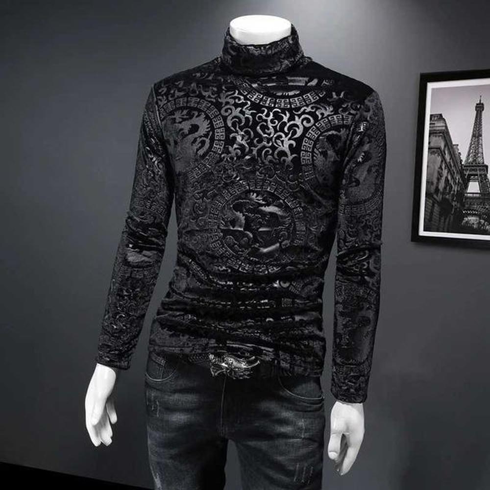 Men's Sweaters 2023 Autumn High Neck Printed Warm and Velvet T-shirt for Mens Casual Slim Fit Double Layer Printed Mens Velvet T-shirt