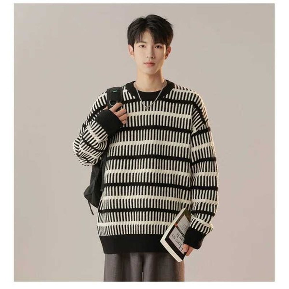 Men's Sweaters Autumn Winter Murad Colour Knit Crew Neck Pullover Sweater Mens Stripe Warm Knit Tops Soft Loose Women H241204