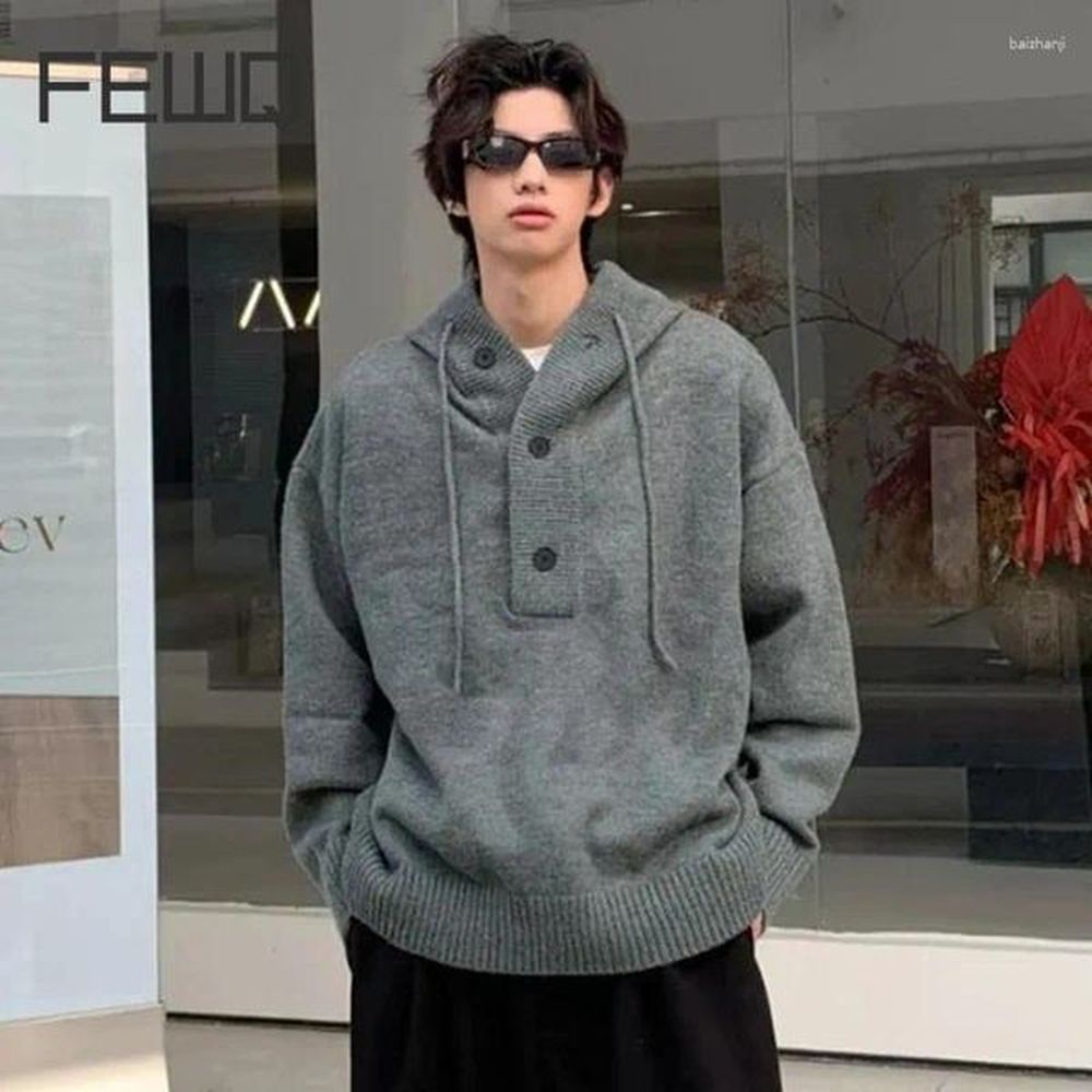 Mens Sweaters FEWQ Casual Hooded Knit Sweater American Lazy Style Solid Color Long Sleeve Single Breasted Neckline Male Tops 24E5152