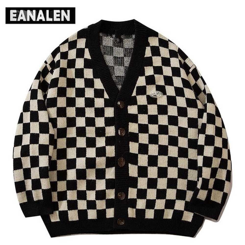 Men's Sweaters Harajuku vintage plaid cardigan men oversized Korean clothing jumper knitted cardigan women grandpa ugly sweater black h