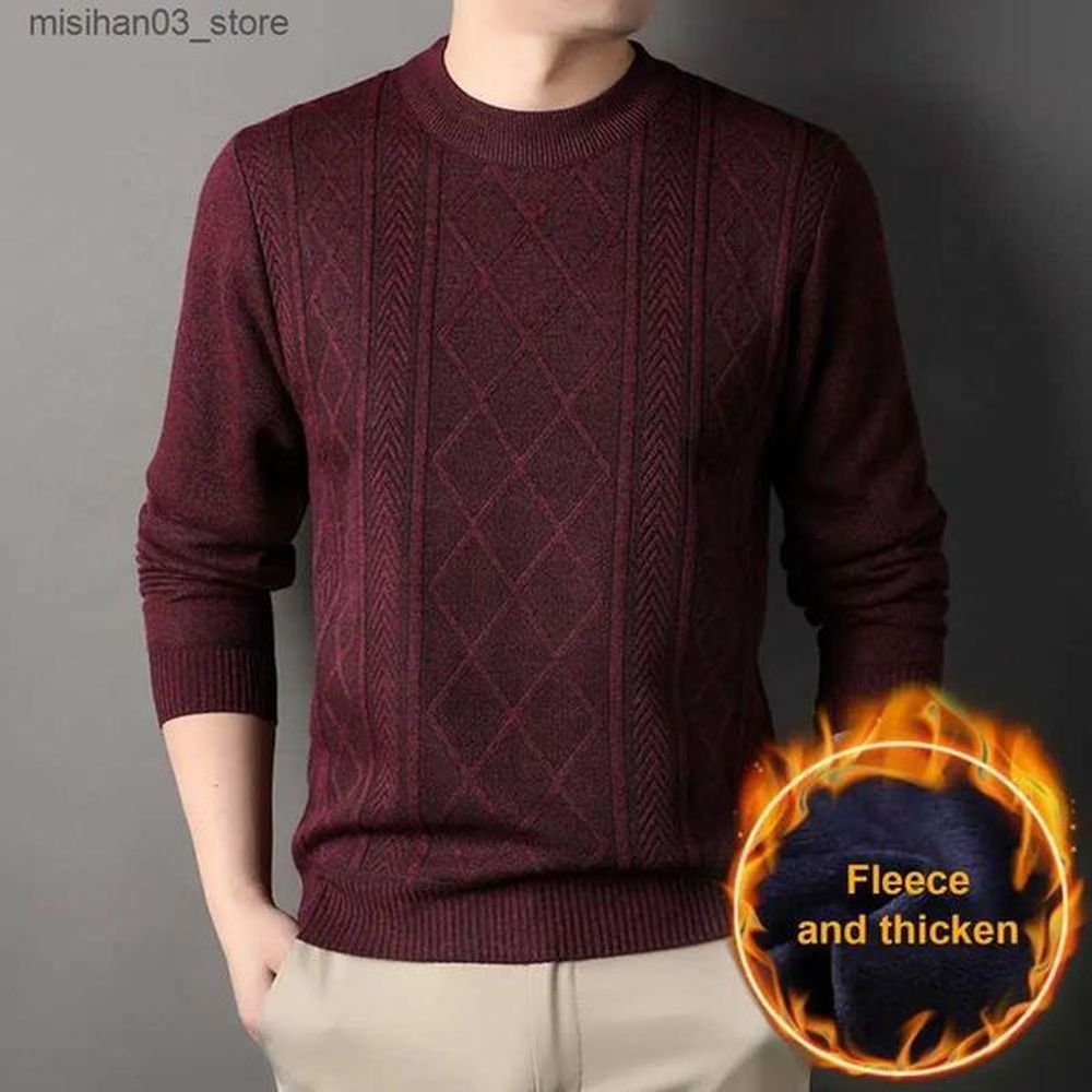 Mens Sweaters High Quality Mens Pullover Sweater Cozy Knitted Sweater for Fall Winter Round Neck Long Sleeves Solid Color Thick Stretchy Loo