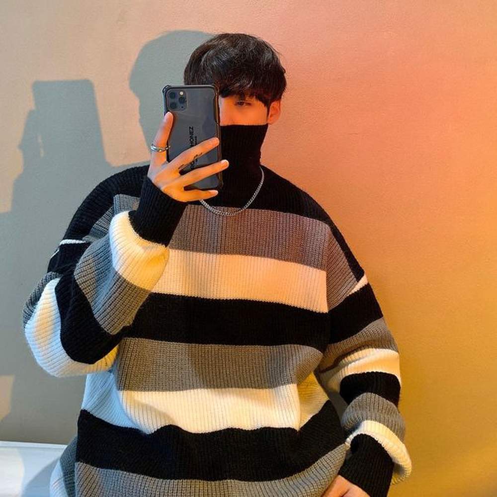 Men's Sweaters Privathinker Korean Striped Turtleneck Oversized Winter Warm Knitted Pullovers Streetwear Man Casual Tops 220927