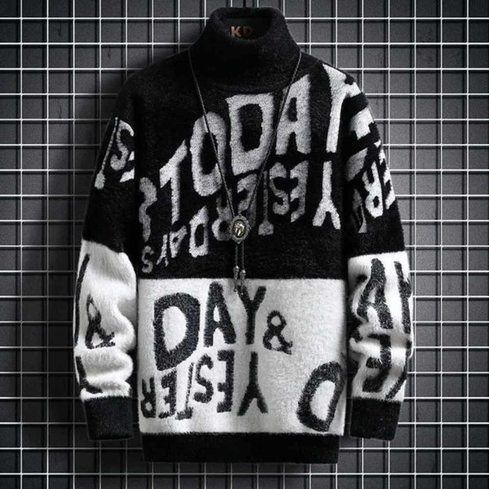 Men's Sweaters Pullover Man High Collar Letter Knitwear Graphic Knitted Sweaters for Men Turtleneck Thick Jumpers Korean Style Casual Q