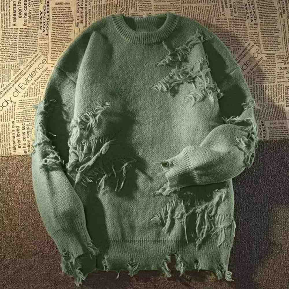 Men's Sweaters Retro Hole Fringed Sweater y2k Streetwear Ripped Solid Color Knitted Pullover Sweater Hip Hop High Street Vintage Male S
