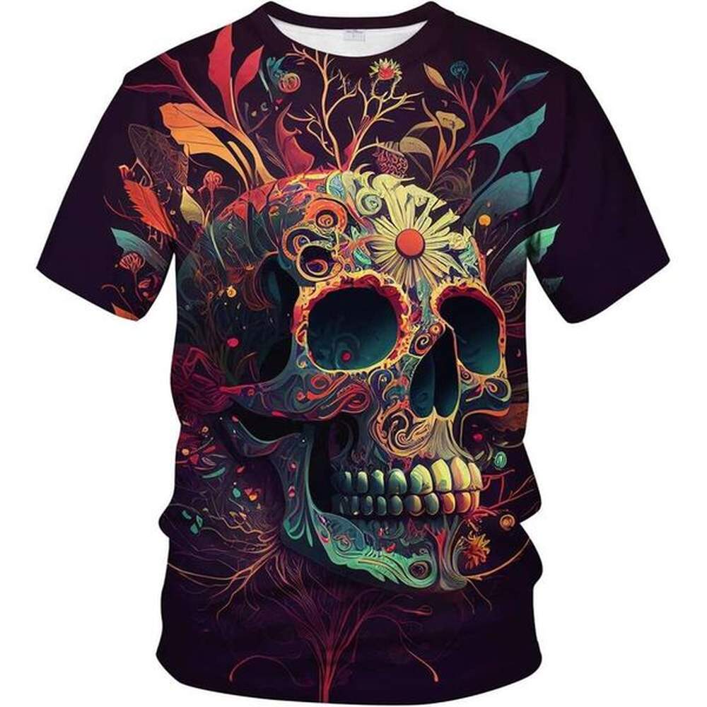 Mens T shirt Mens Novelty Floral Skull Short Sleeve Trippy Shirts shirts tshirt graphic tee Casual tops summer clothes Short sleeve Free shi