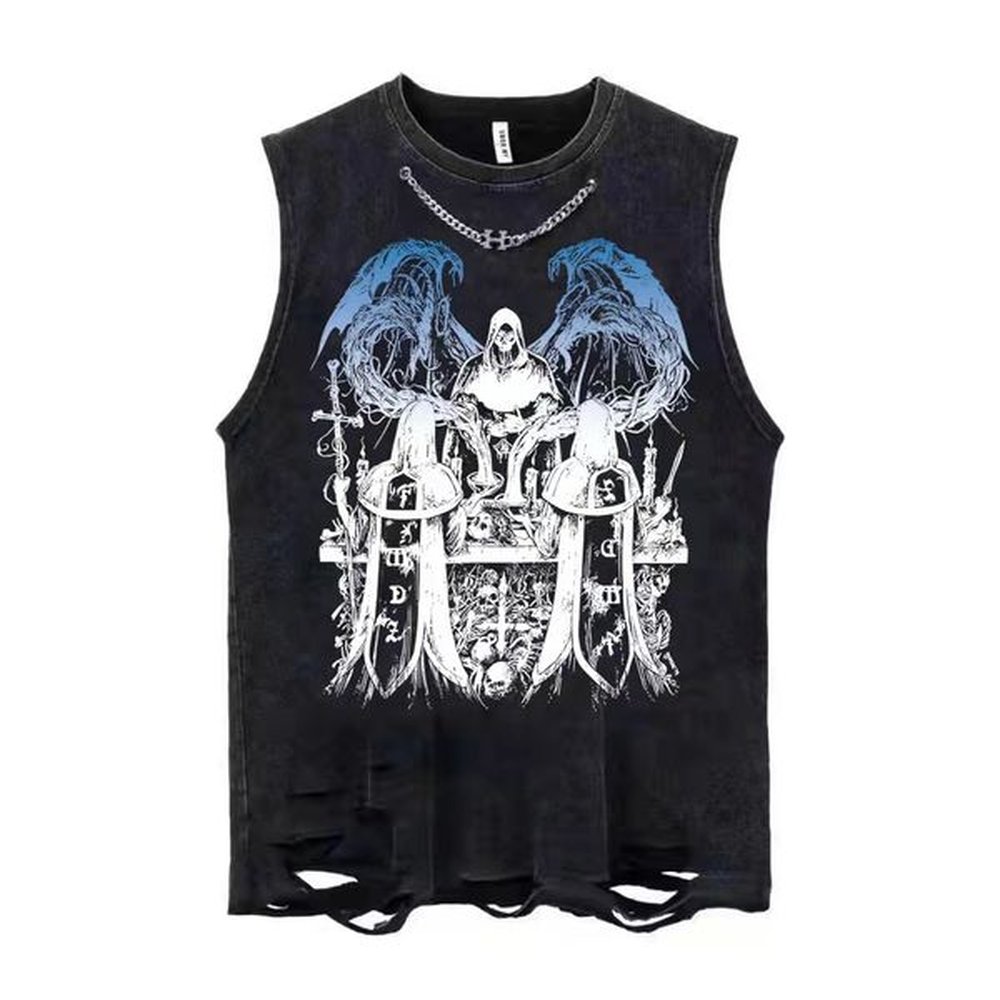 Men's T Shirts American Loose Vintage Large Tank Top T-shirt High Street Pure Cotton Printed Washable Sleeveless Tank Top