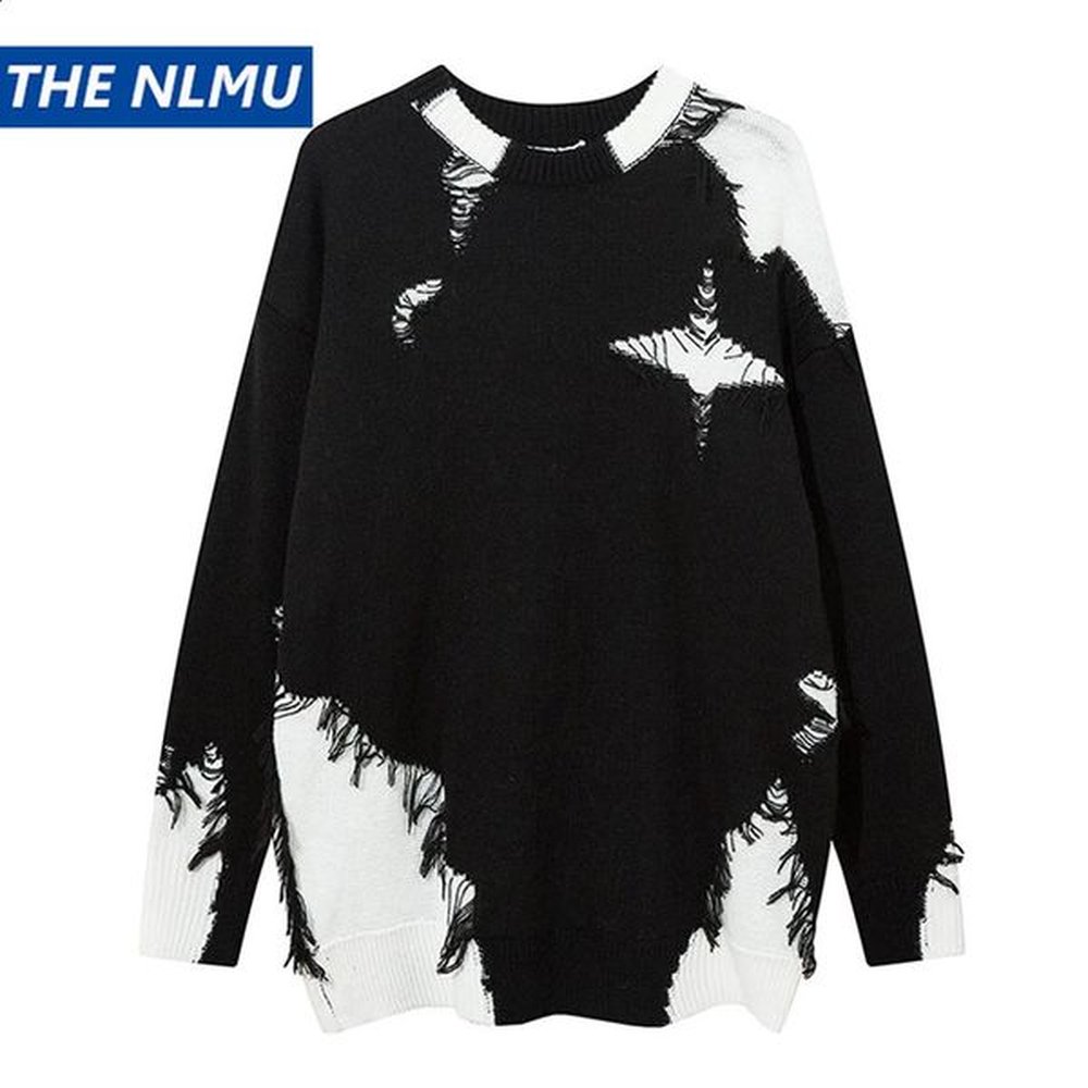 Mens Tear Sweater Distressed Vintage Graphic Streetwear Hip Hop Knitted Pullover Retro Loose Hipster 240809